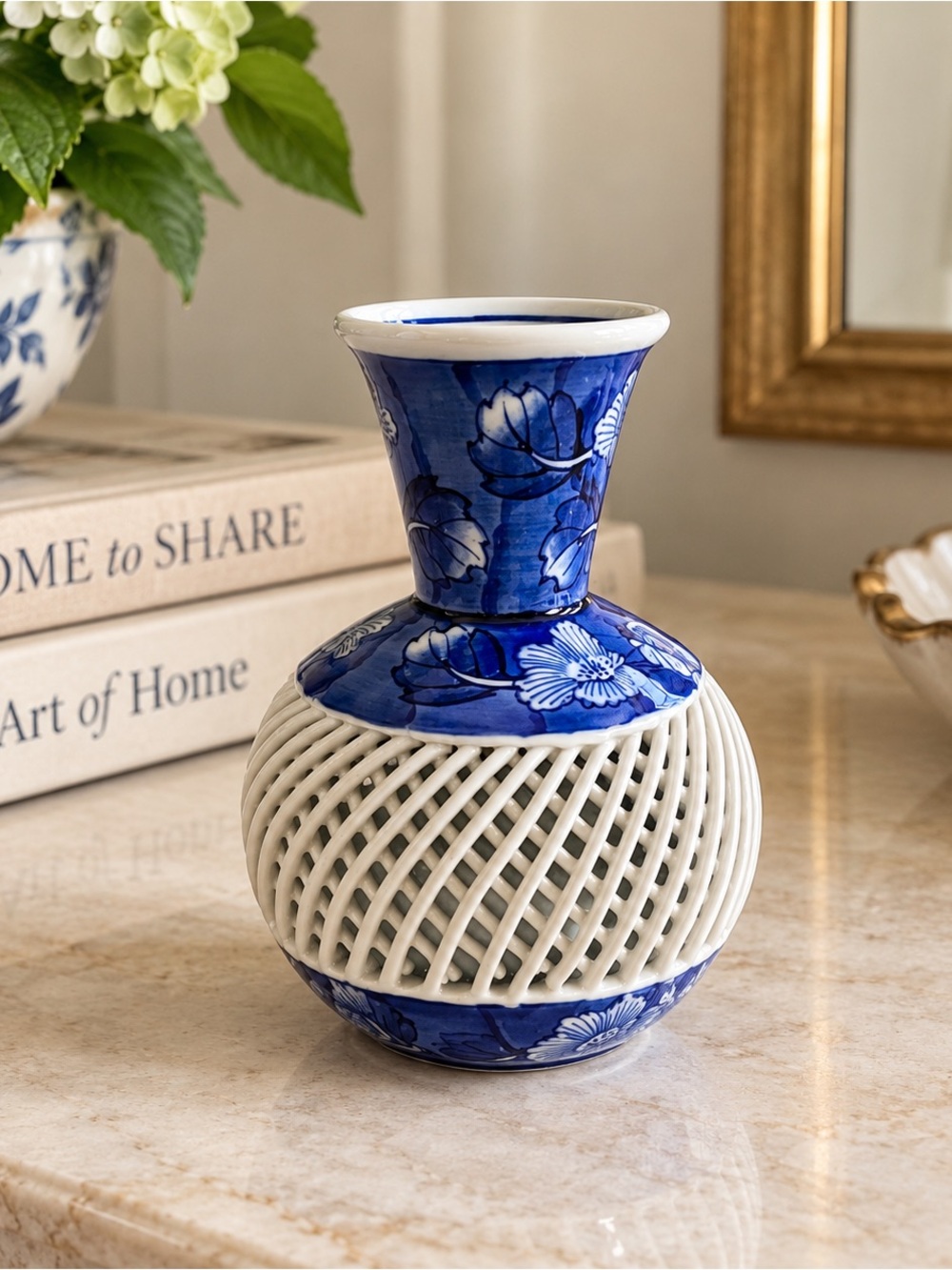 Small Blue and White Ceramic Lattice Vase